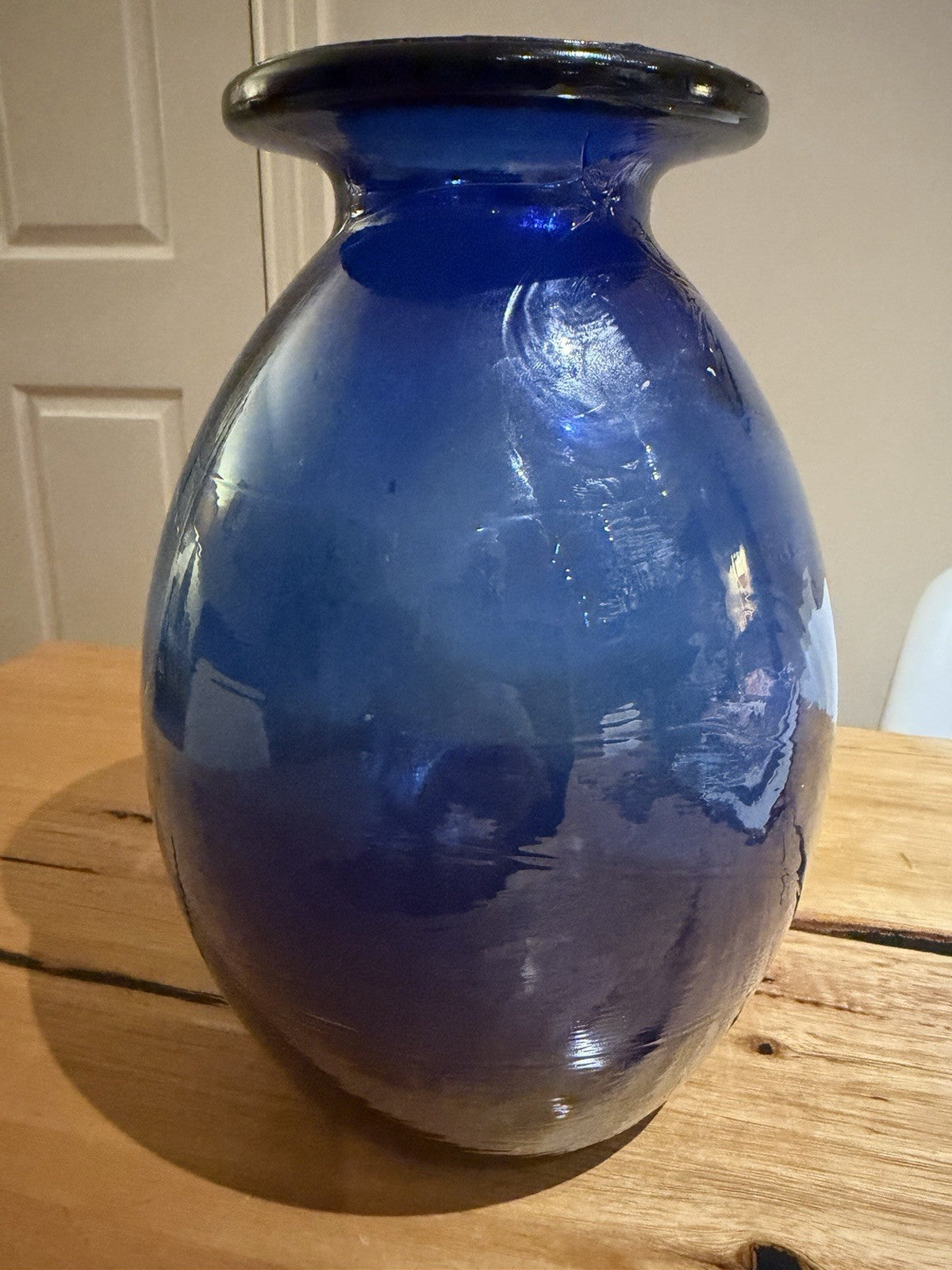 Vintage Cobalt Blue Hand Blown Art Glass Vase Heavy 2.54kg 25cm Rolled Rim