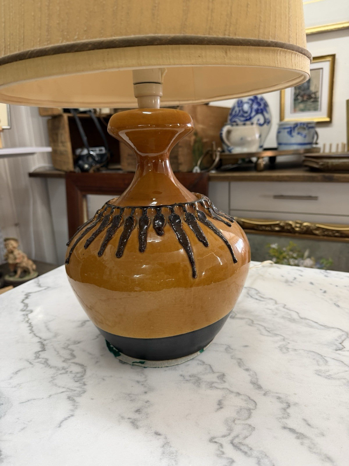 Vintage Large 1970s Ceramic Table Lamp Amber Drip Glaze 87cm Tagged Tested