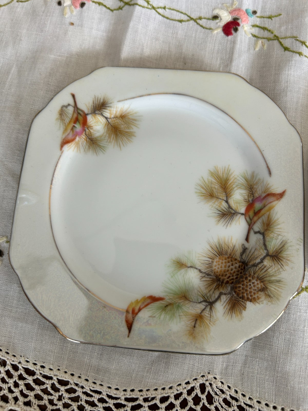 Vintage Pine Cone Bird Tea Trio Cup Saucer Plate Lustreware Japan
