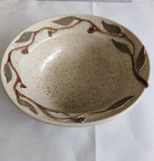 Vintage Studio Pottery Bowl with Leaf & Vine Relief | Speckled Stoneware| c.1970