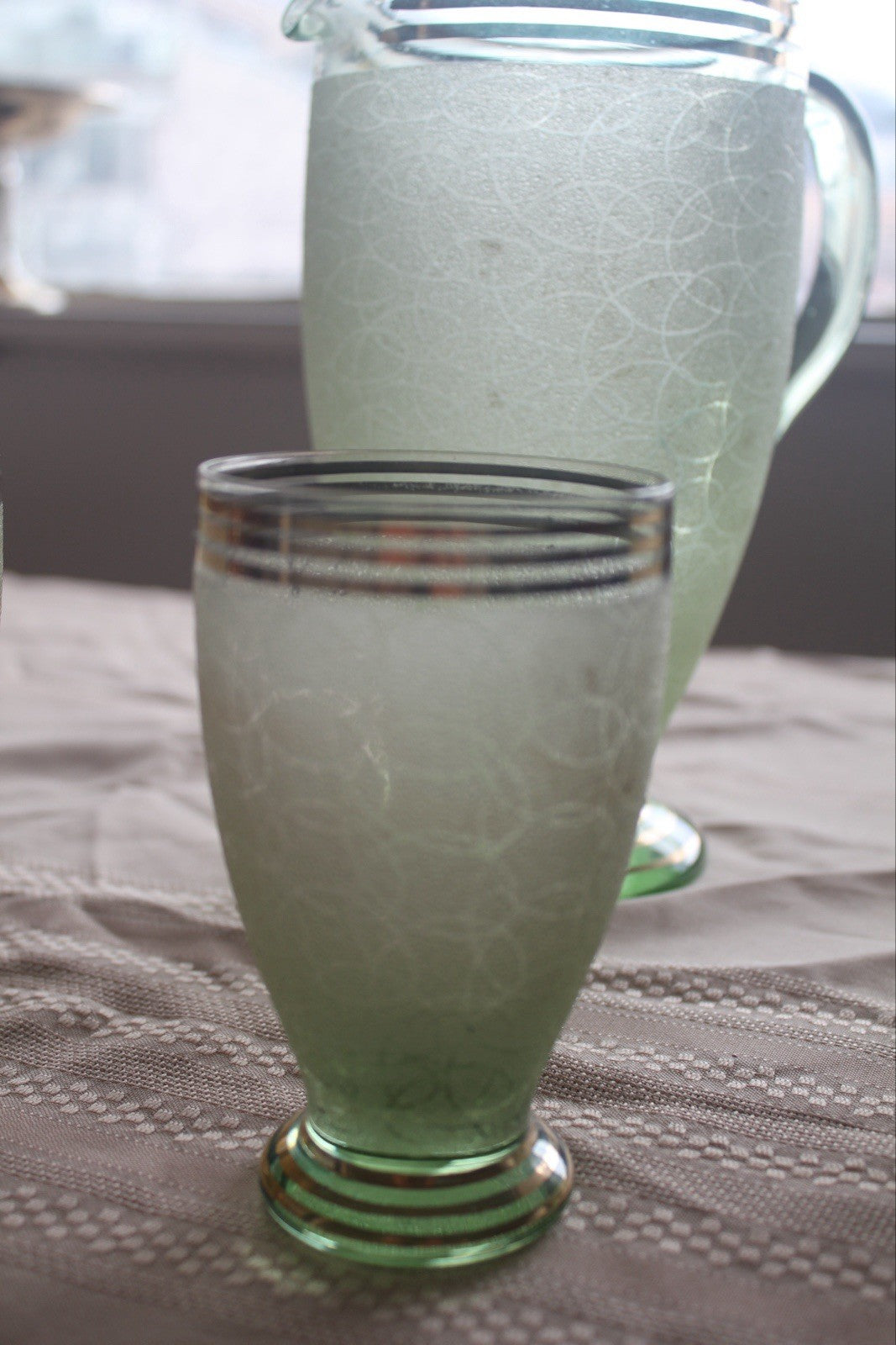 Vintage Green Crackle Glass Water Jug & 4 Tumblers Art Deco Style S