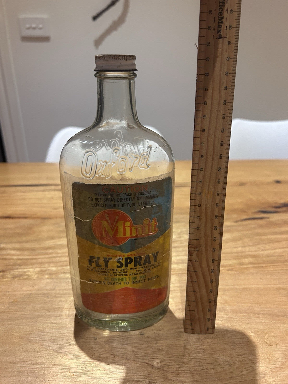 Vintage Minit Fly Spray Bottle Oxford Embossed 1 Imp Pint Insecticide c1950s