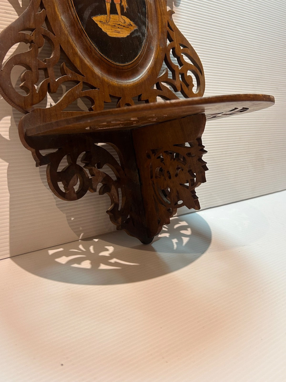 Antique Victorian Fretwork Wall Shelf with Painted Figure c.1890s