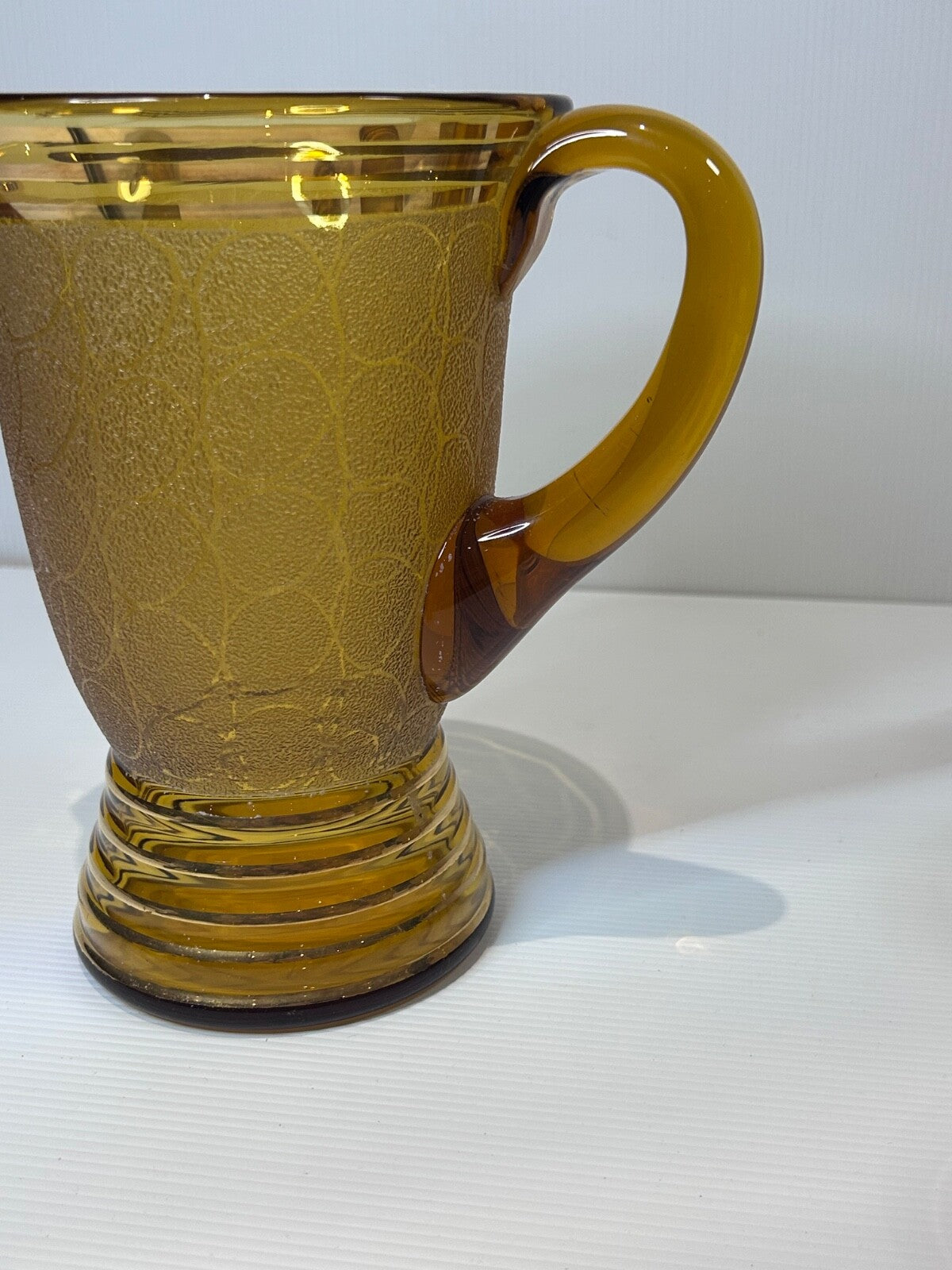 Vintage Amber Glass Lemonade Set – Textured Gold Bands – Jug & 5 Tumblers Retro