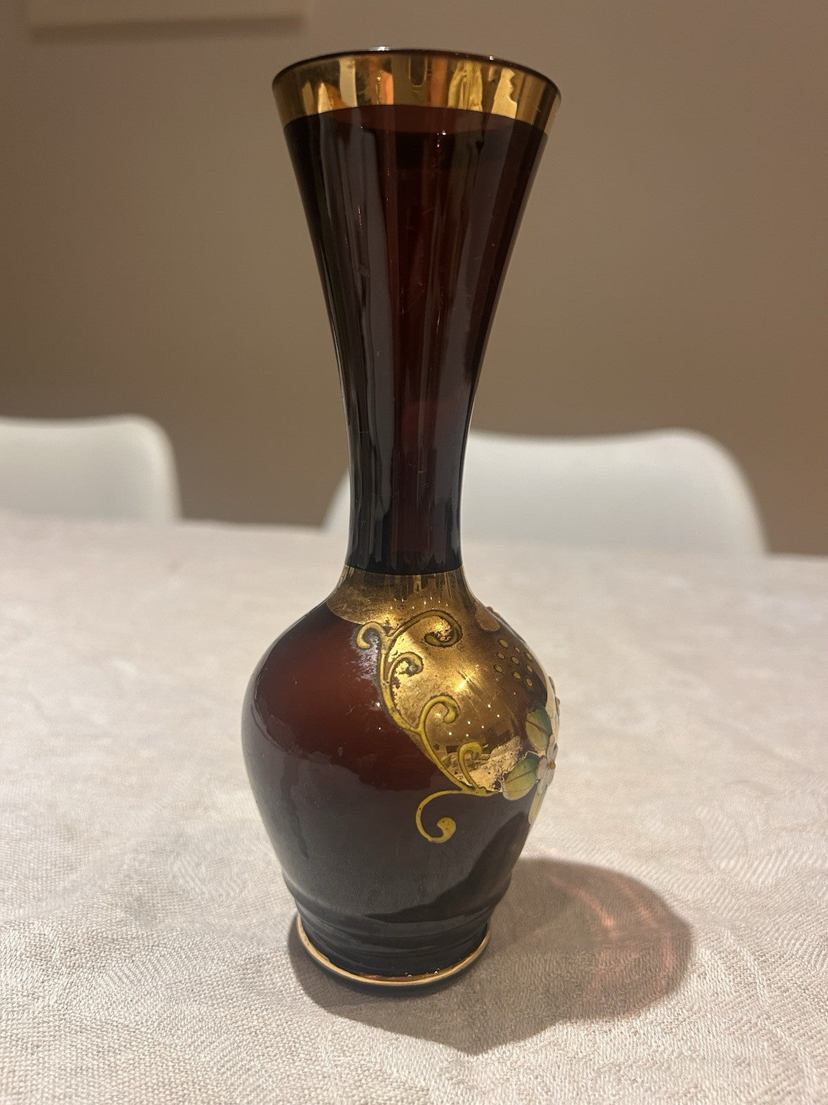 Early 20th Century Hand-Blown Ruby Glass Vase with Gilt & Enamel Floral