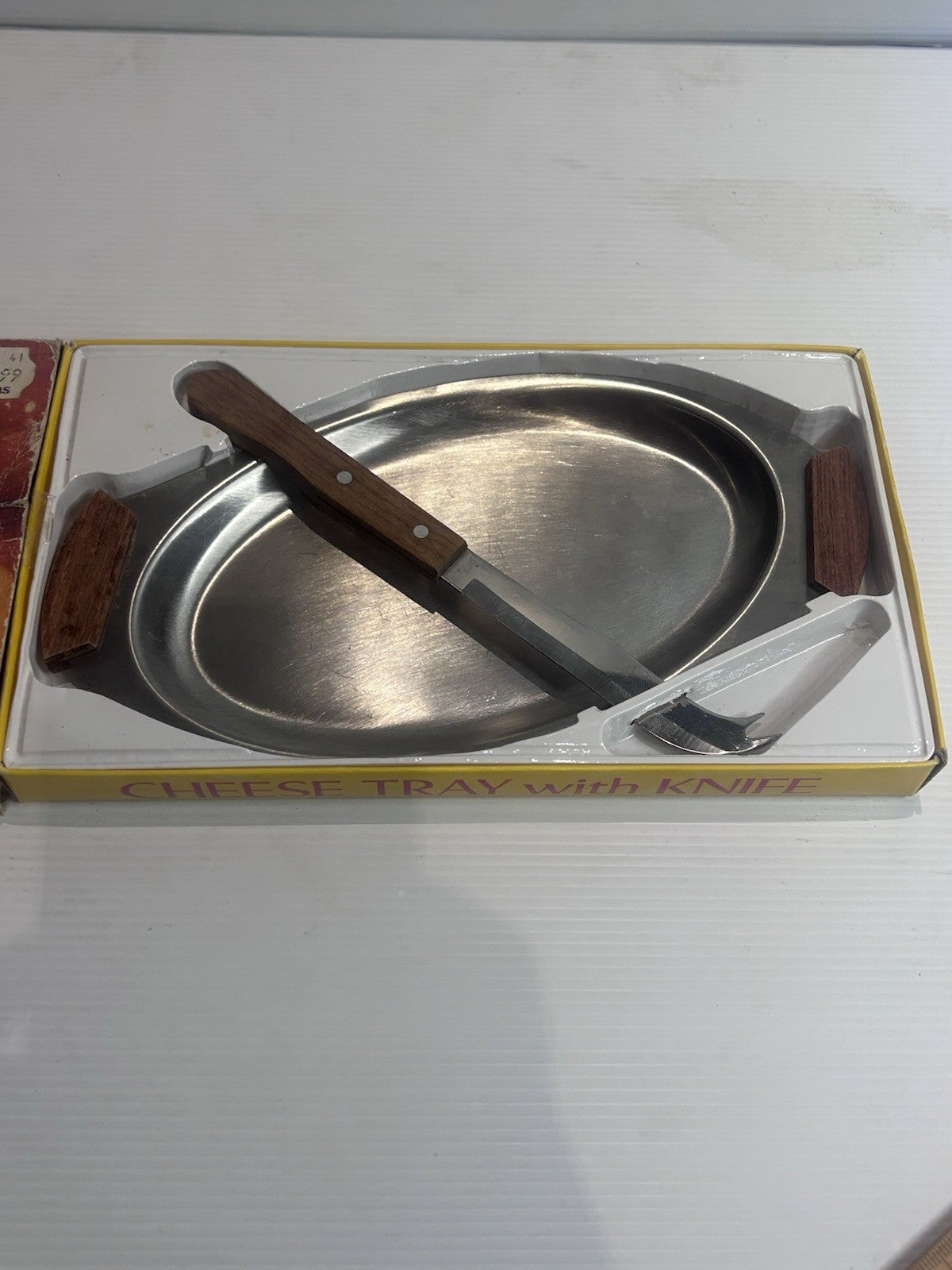 Vintage Cheese Tray & Knife Set Boxed Stainless Steel Wooden Handles Retro