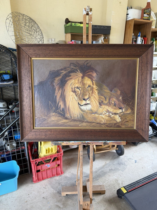 Large Original 1924 Oil Painting Lions – Signed J.M.J. – Period Frame