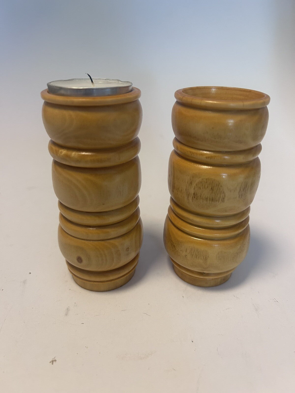 Vintage Hand-Turned Wooden Tealight Candle Holders – Pair Rustic Timber