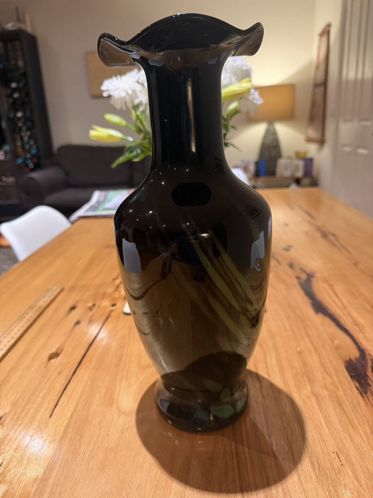 Large Black Green Aventurine Art Glass Vase Ruffled Rim 35cm Murano Style