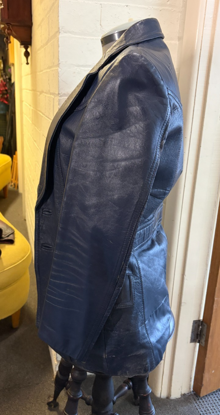 Vintage Parréll Australia Navy Blue Genuine Leather Blazer Jacket Size 38
