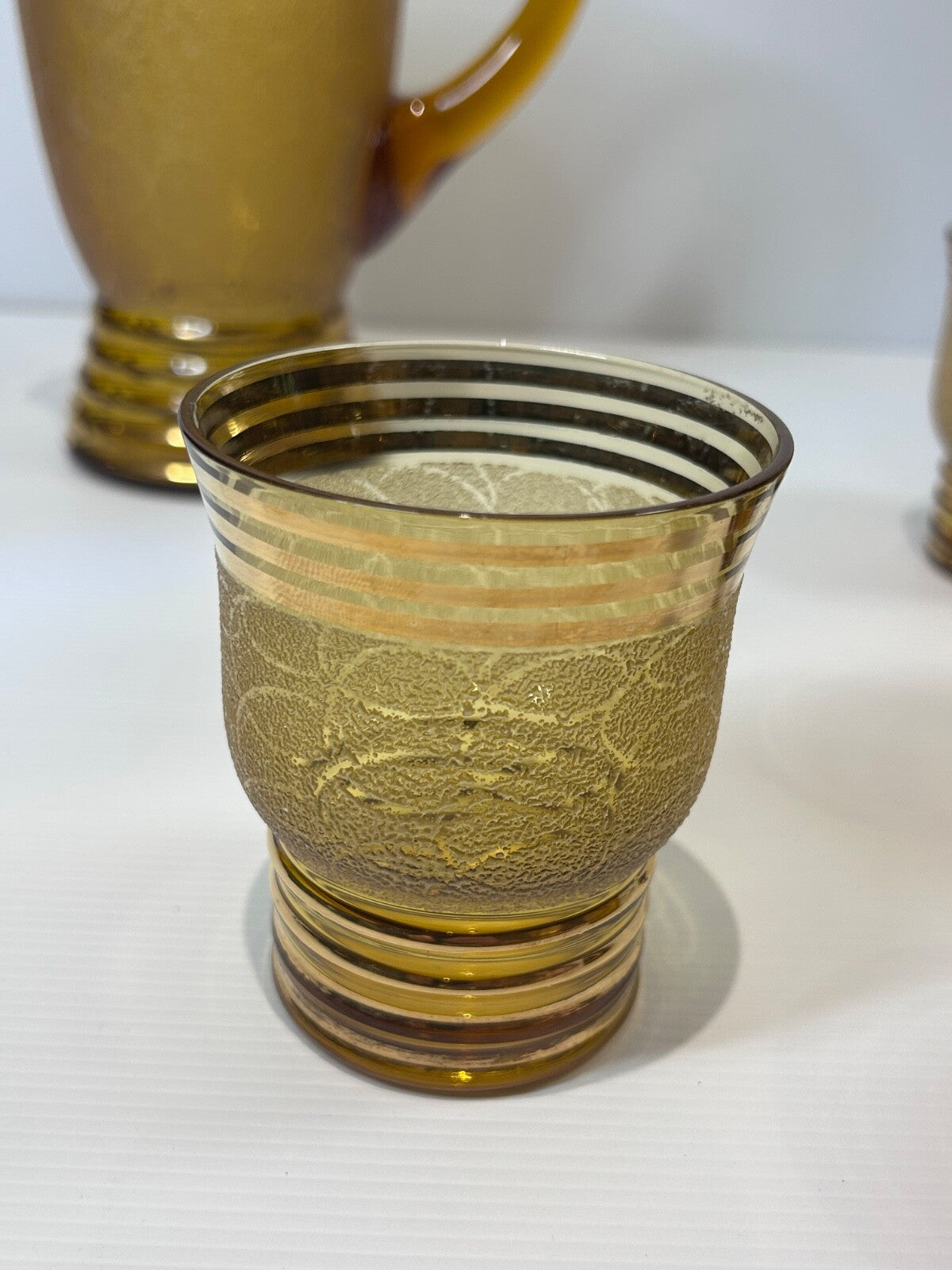 Vintage Amber Glass Lemonade Set – Textured Gold Bands – Jug & 5 Tumblers Retro
