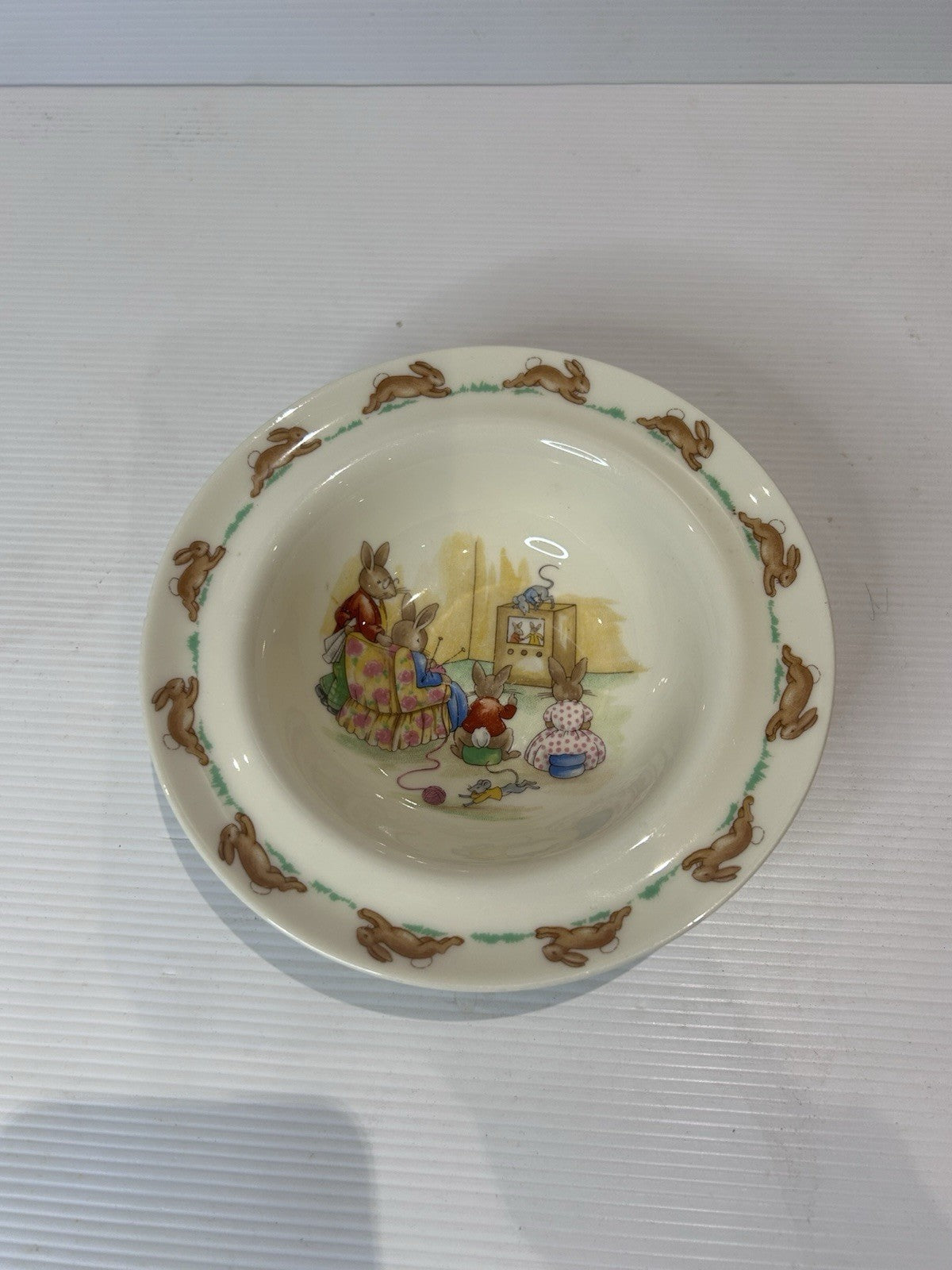 Royal Doulton Bunnykins Bowl TV Scene Bone China England - Small Chip