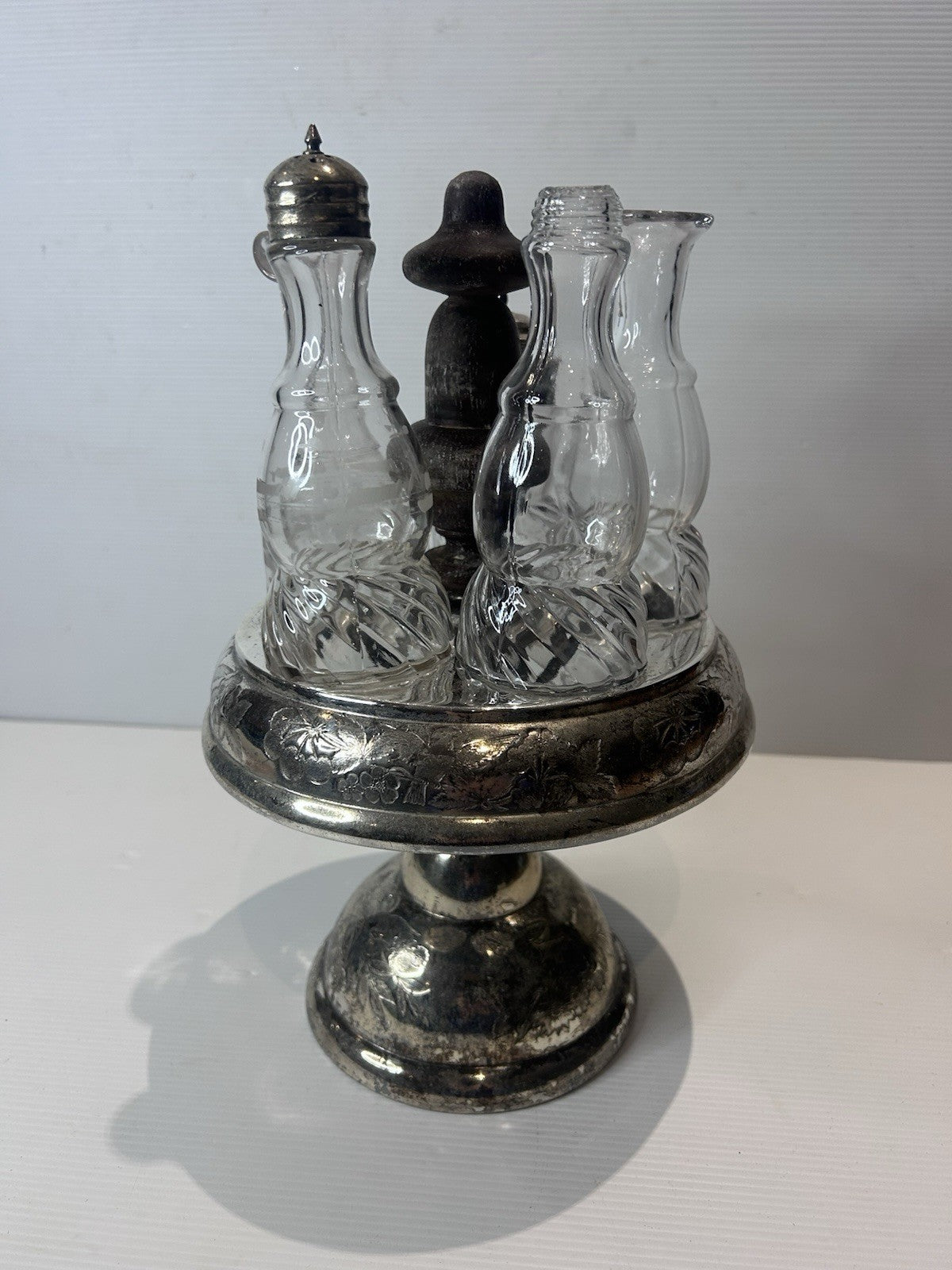 Antique Silver Plated Cruet Set w/ Cut Glass Bottles Victorian Style 27cm Tall