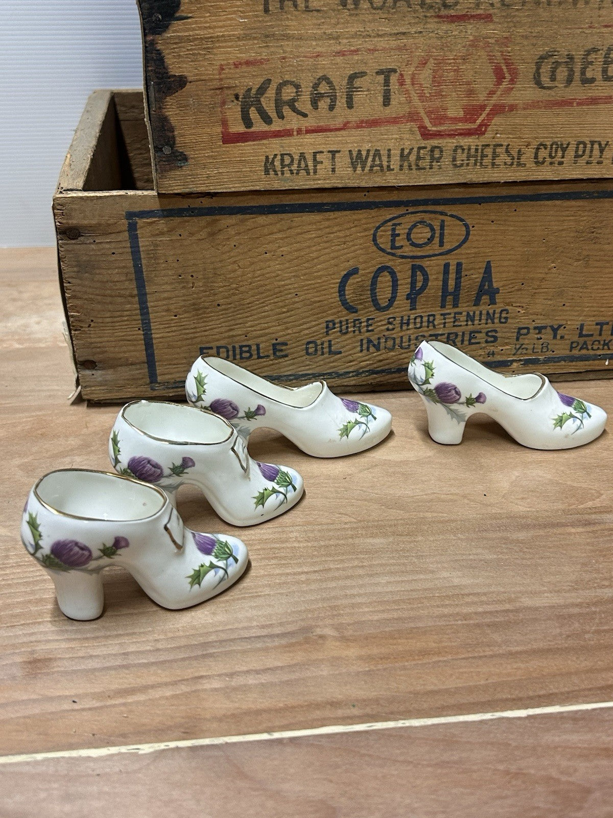 Set of 4 English Bone China Shoe Vases – Thistle Design, Vintage Collectible