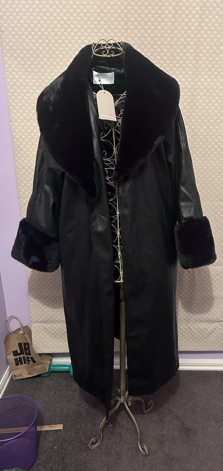 Meshki Rebekah Oversized PU Trench Coat Faux Fur Black S BNWT Glam Winter