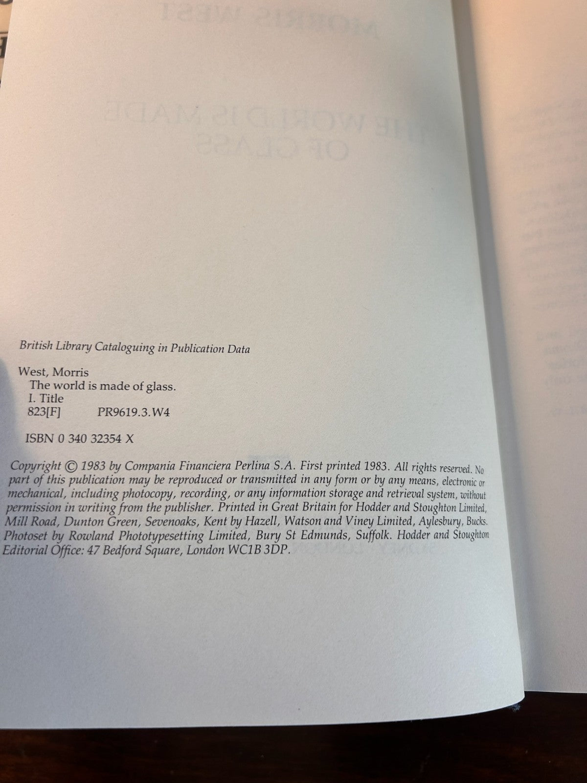 The World is Made of Glass - Morris West (1983) First UK Edition Hardcover