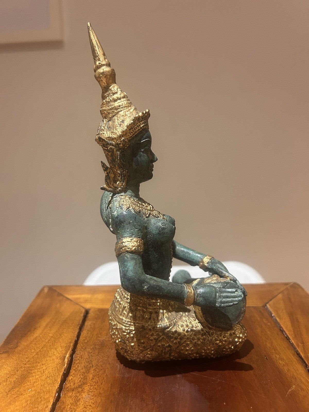 Thai Apsara Bronze Statue Vintage Celestial Musician Gilt Patina 680g