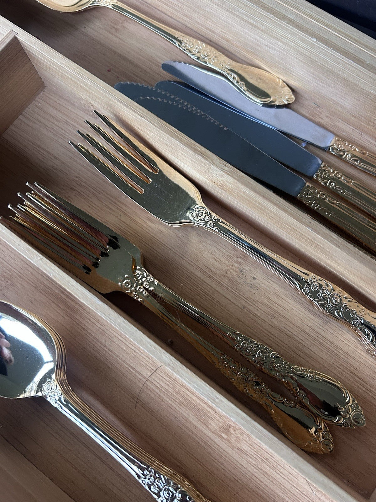 Vintage Gold Stainless Steel 49pc Cutlery Set Japan Ornate Floral Pattern