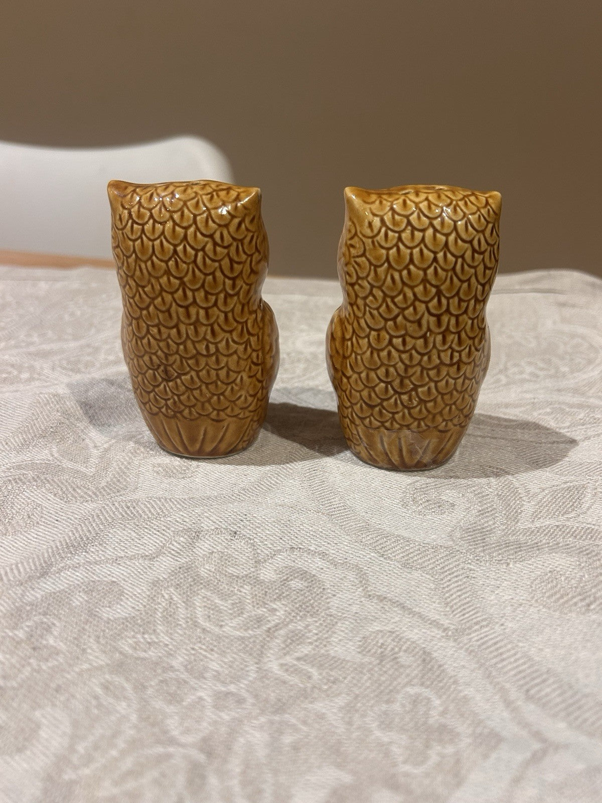 Vintage Ceramic Owl Salt & Pepper Shakers Mid Century Brown Glaze Pair