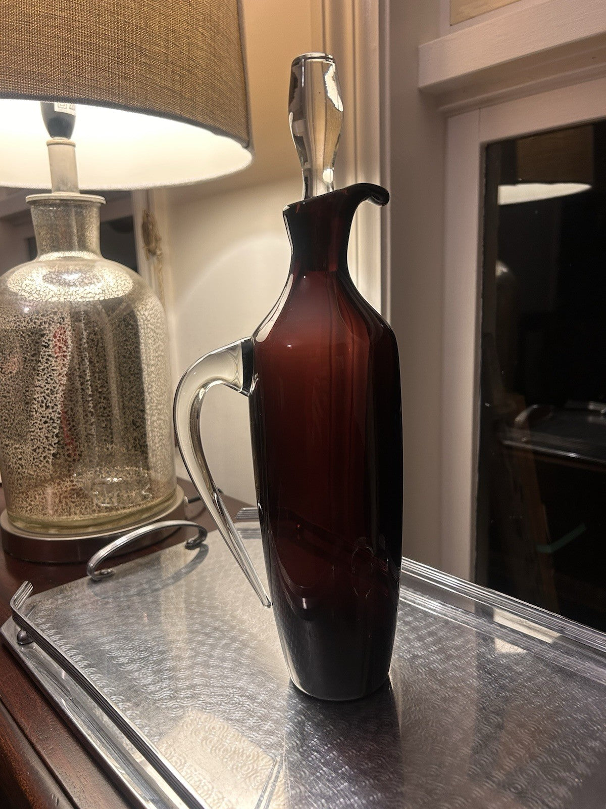 Vintage Ruby Red Art Glass Decanter Bottle w Stopper & Handle Murano Style 36cm 