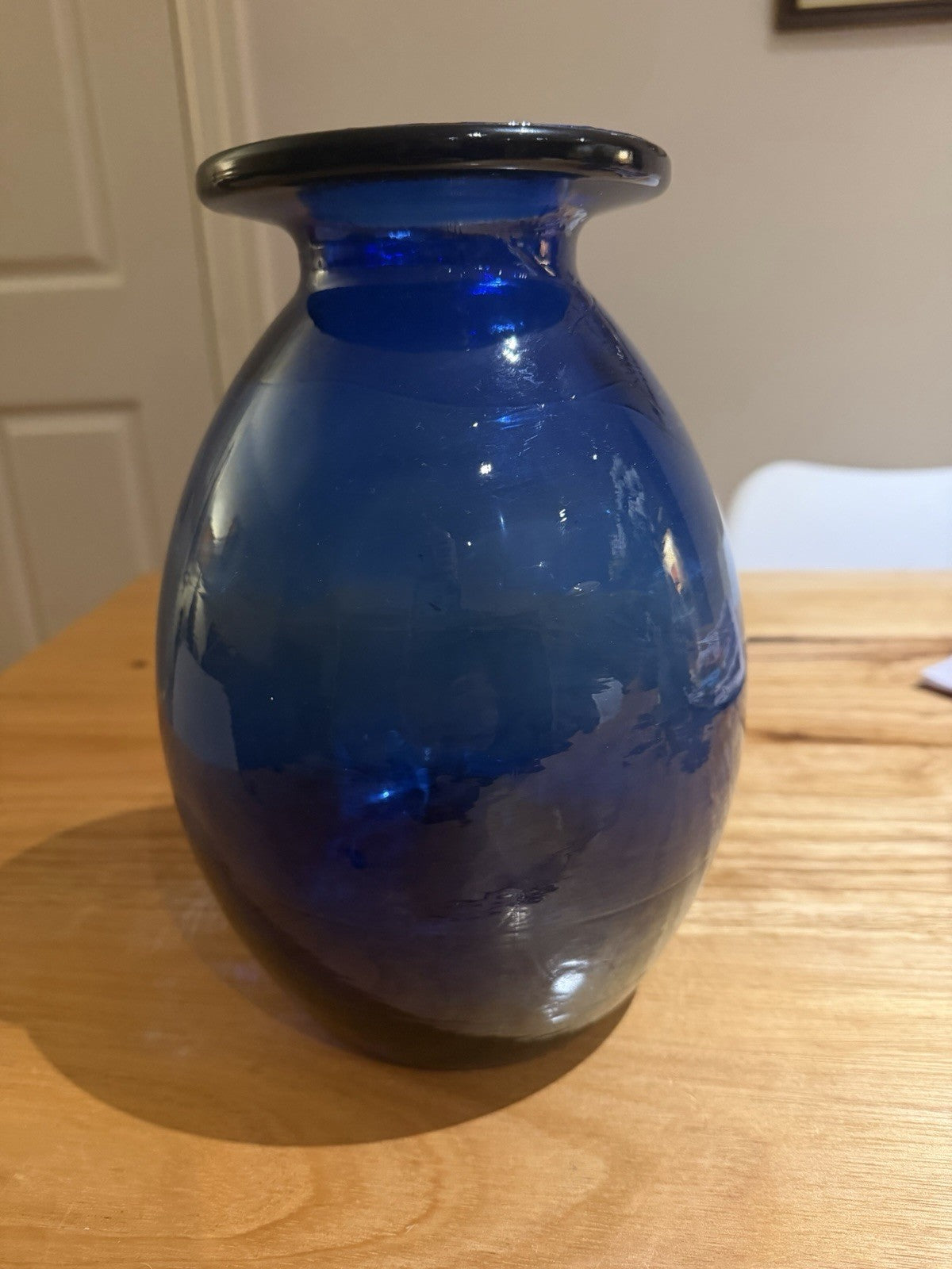 Vintage Cobalt Blue Hand Blown Art Glass Vase Heavy 2.54kg 25cm Rolled Rim