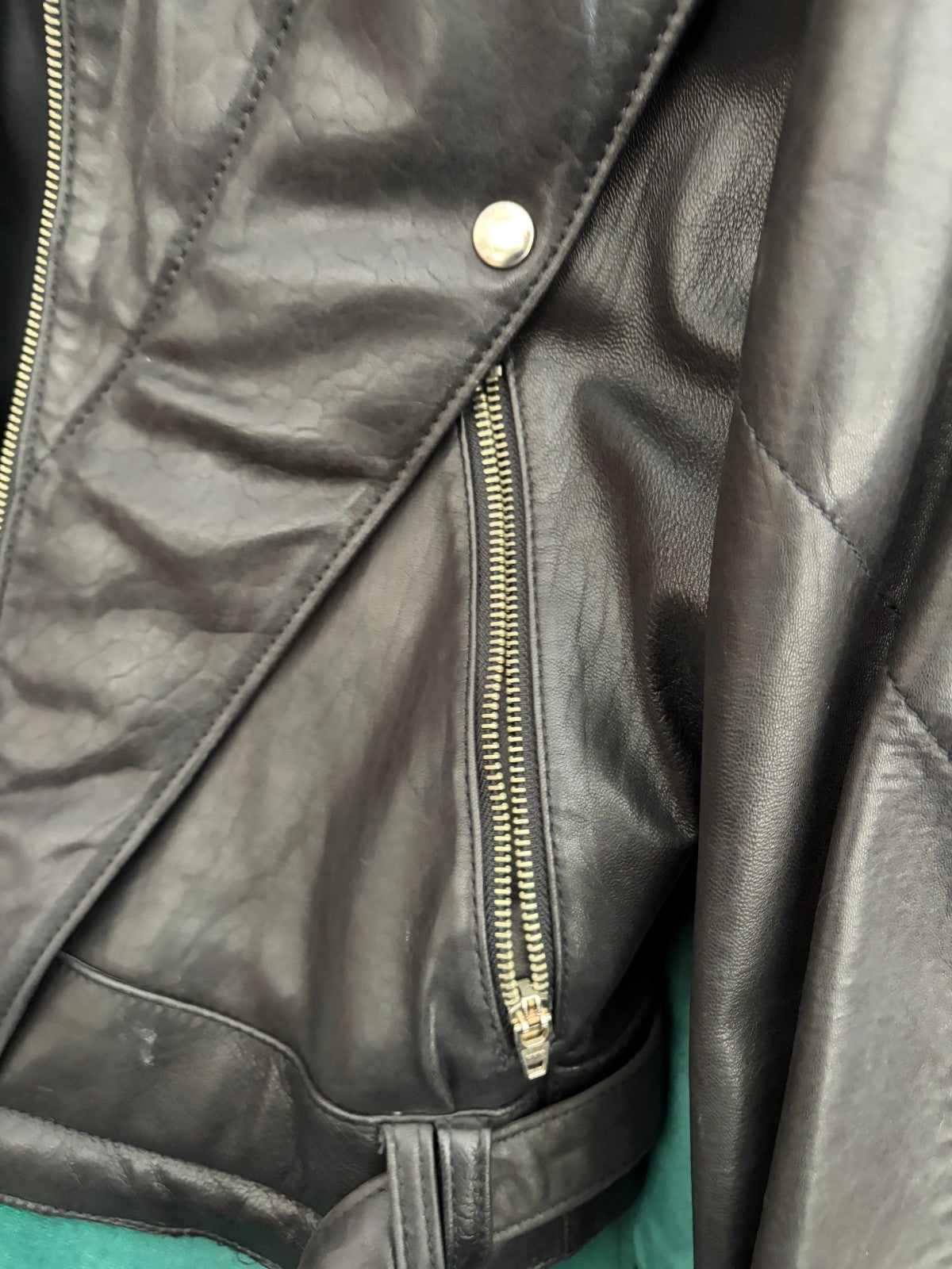 Vintage Black Leather Biker Jacket Belted YKK Zip Quilted 80s 90s