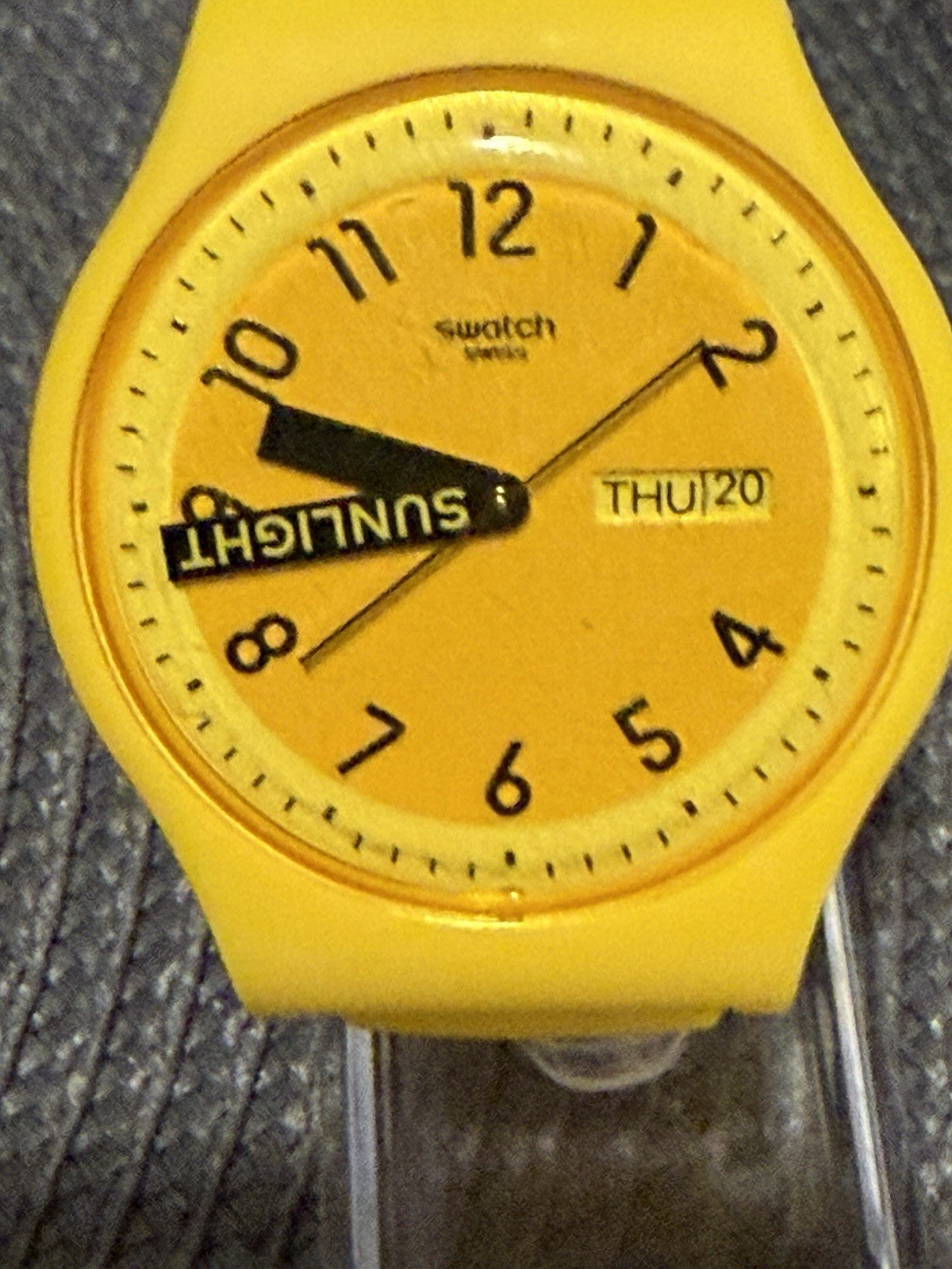 Swatch SUOJ702 Sunlight Yellow Rainbow Strap Swiss Watch Day Date Working