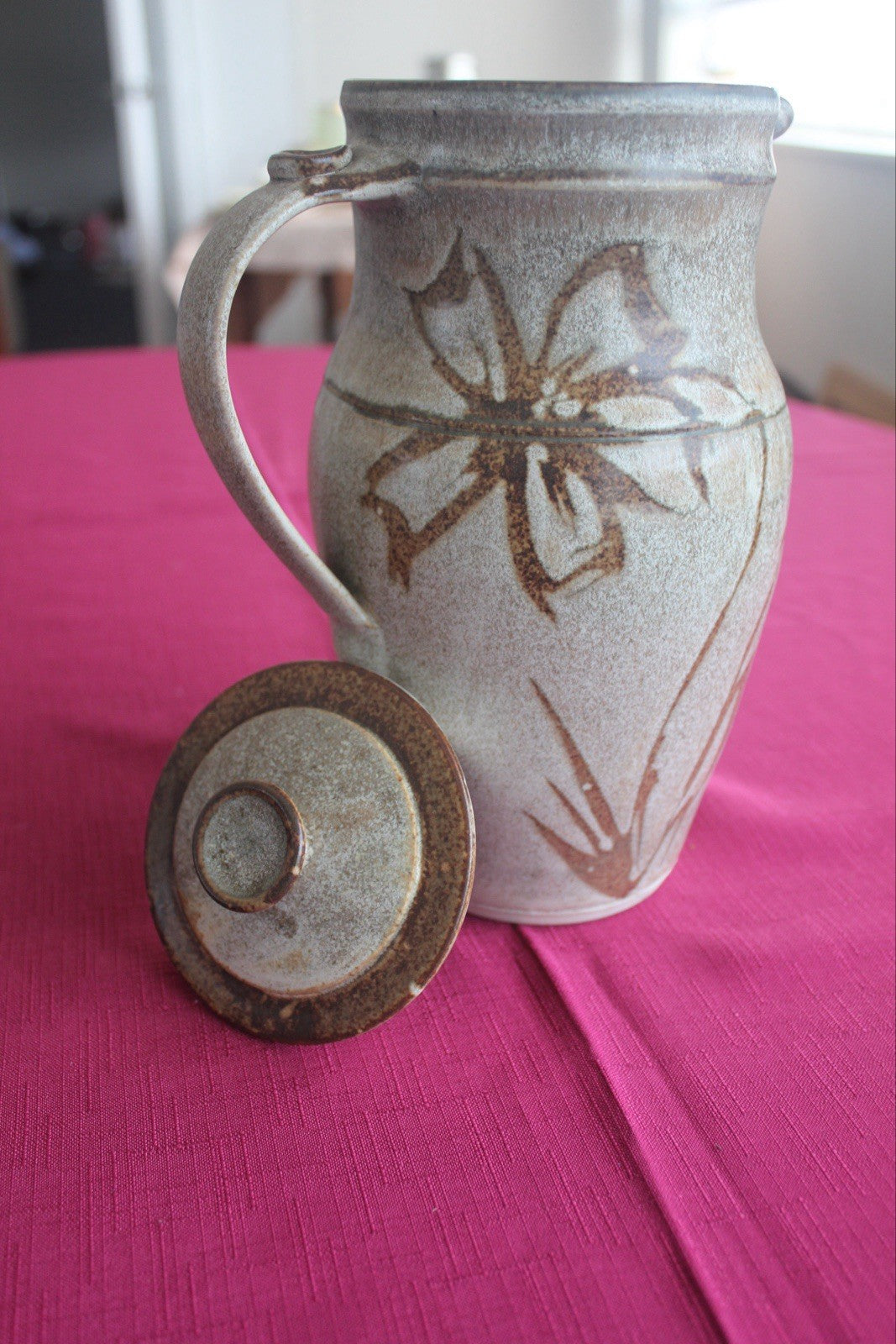 Vintage Studio Pottery Lidded Jug Hand Thrown Floral Stoneware ~23cm