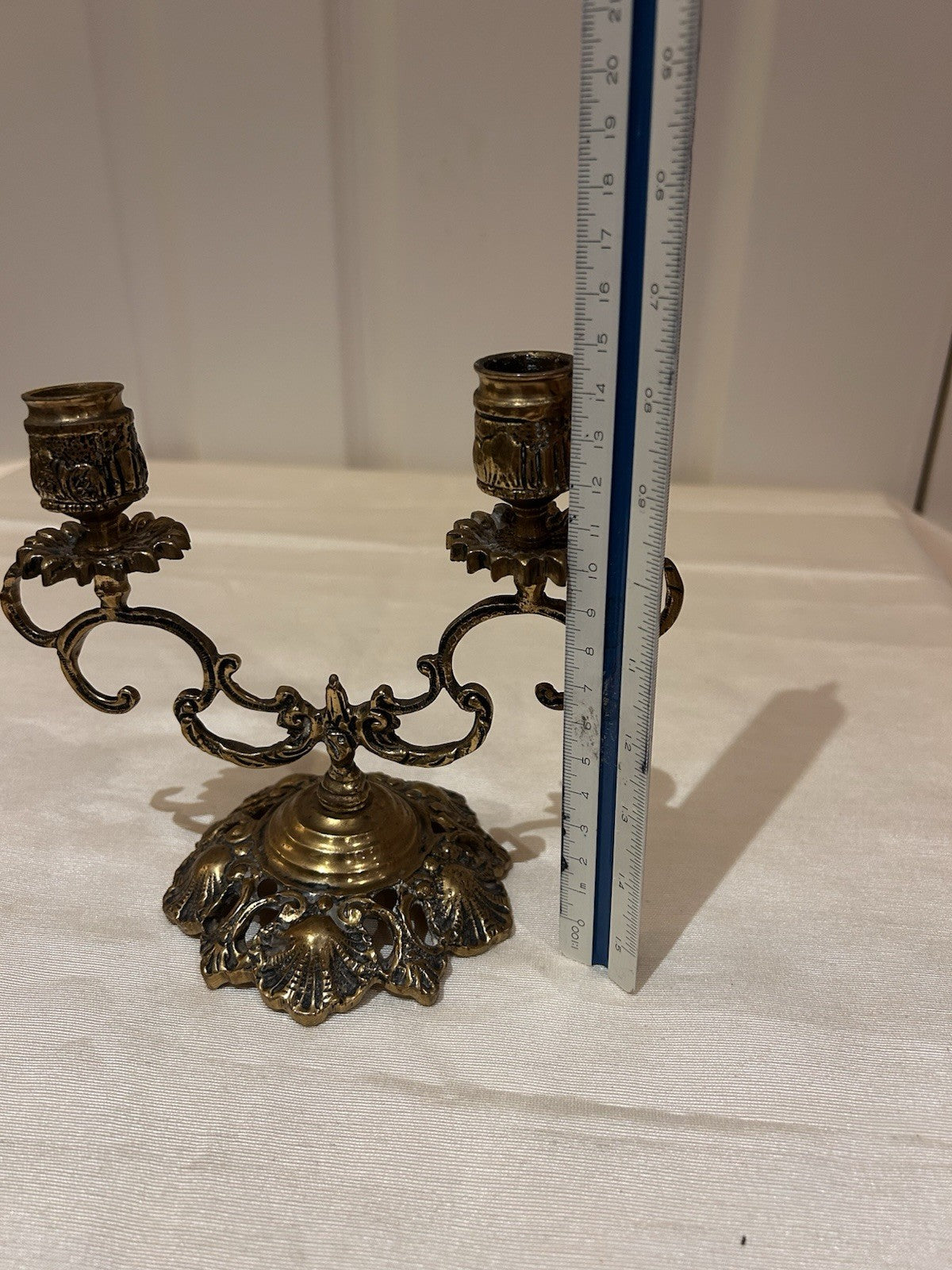 Vintage Brass Two-Arm Candelabra Ornate Rococo Style Table Candle Holder