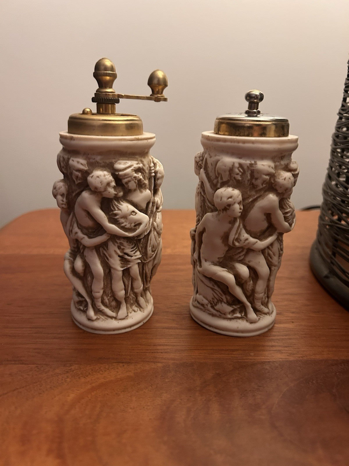 Vintage Cherub Relief Salt Pepper & Pepper Grinder Set Brass Top