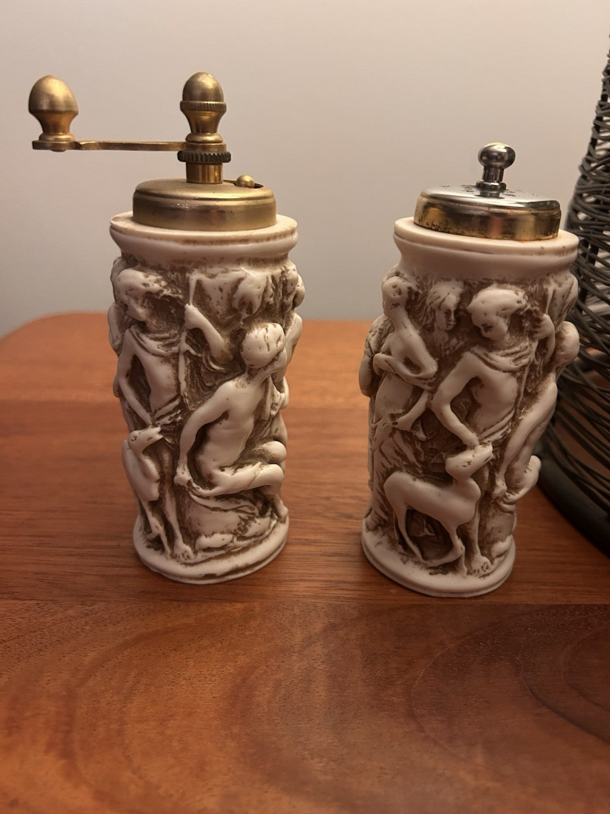 Vintage Cherub Relief Salt Pepper & Pepper Grinder Set Brass Top