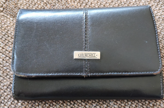 Vintage Churchill Black Leather Envelope Wallet with Kiss-Lock Coin Purse
