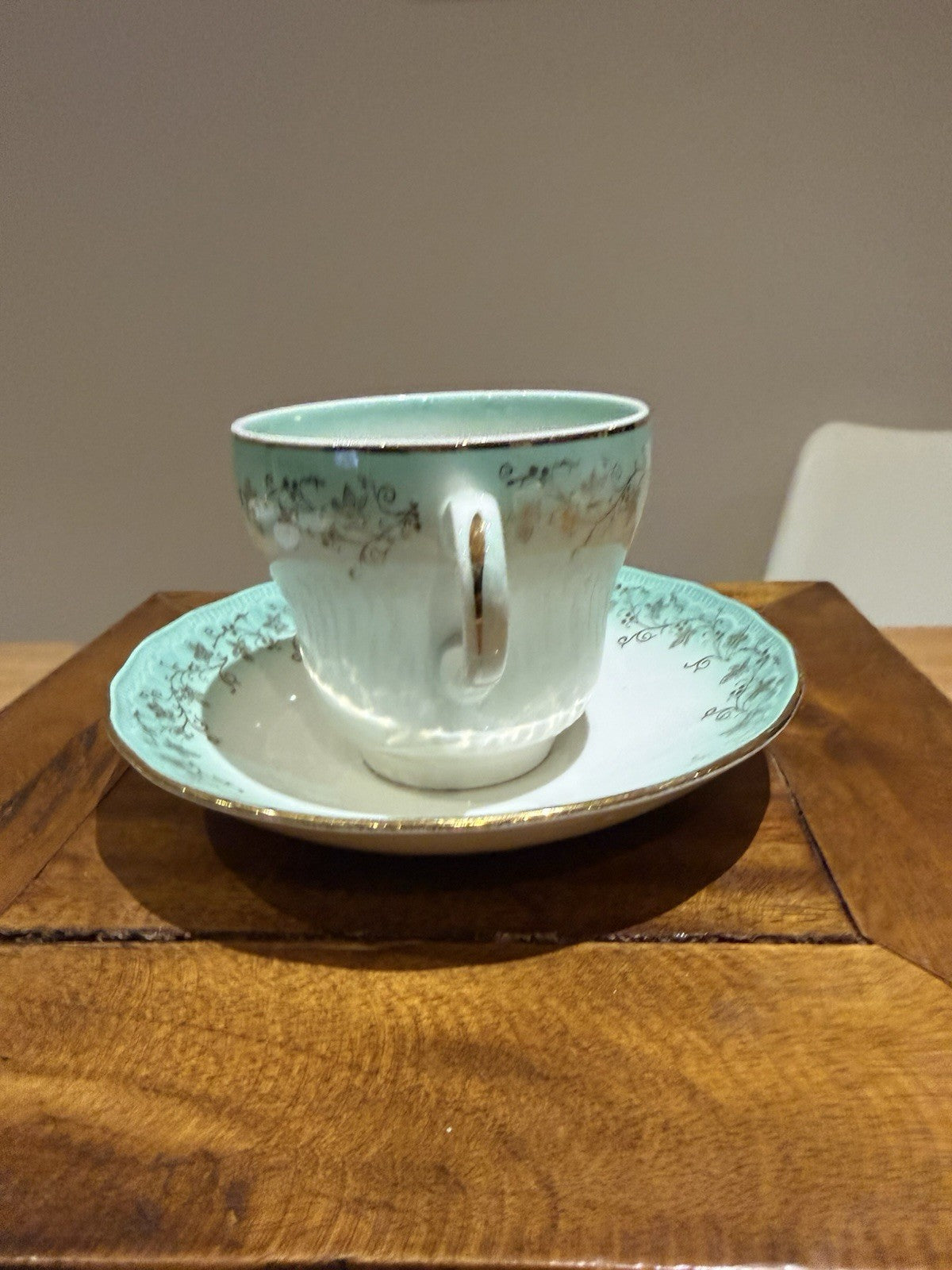 Vintage Dainty Miss English Teacup & Saucer Set x3 Aqua Gold Floral