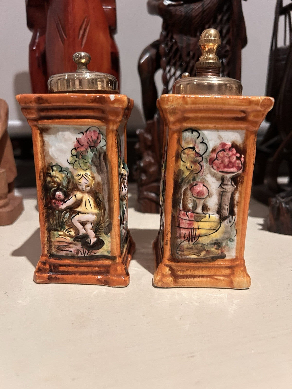 Vintage Capodimonte Italy Ceramic Salt Pepper Mills Hand Painted Pair