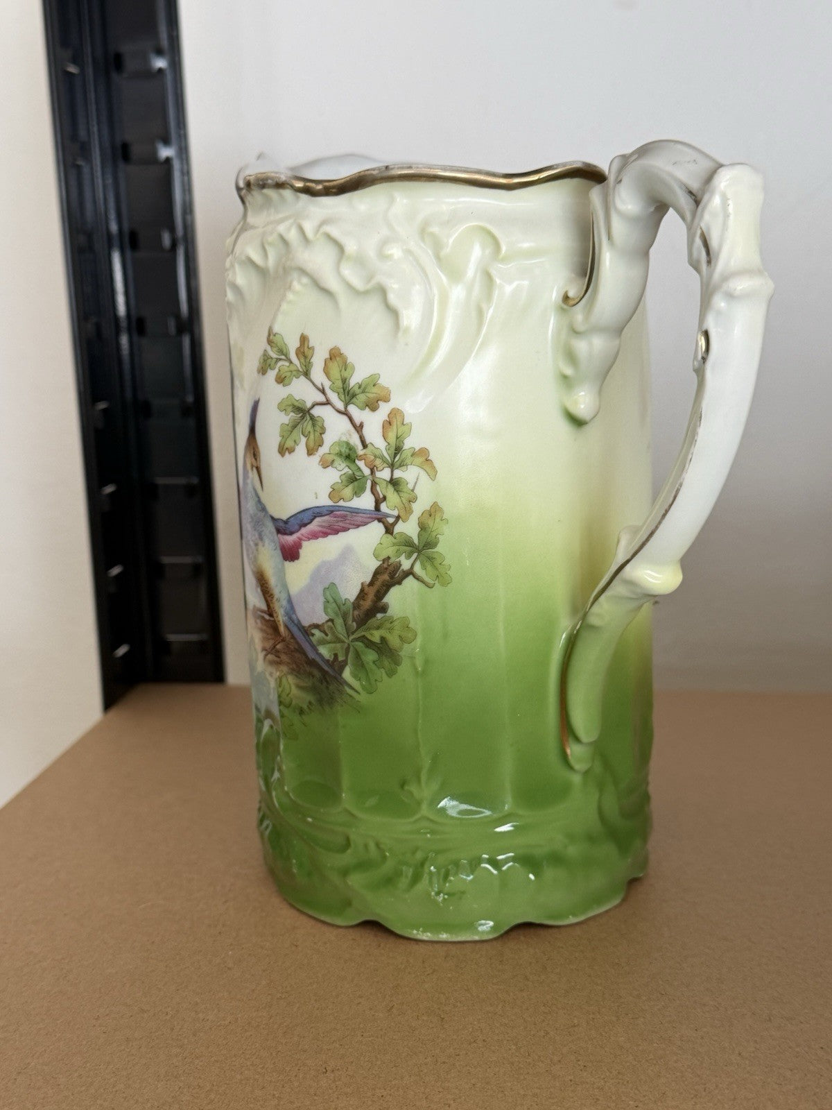 Antique Victorian Green & Cream Porcelain Water Jug Pitcher Bird Transfer Gilt