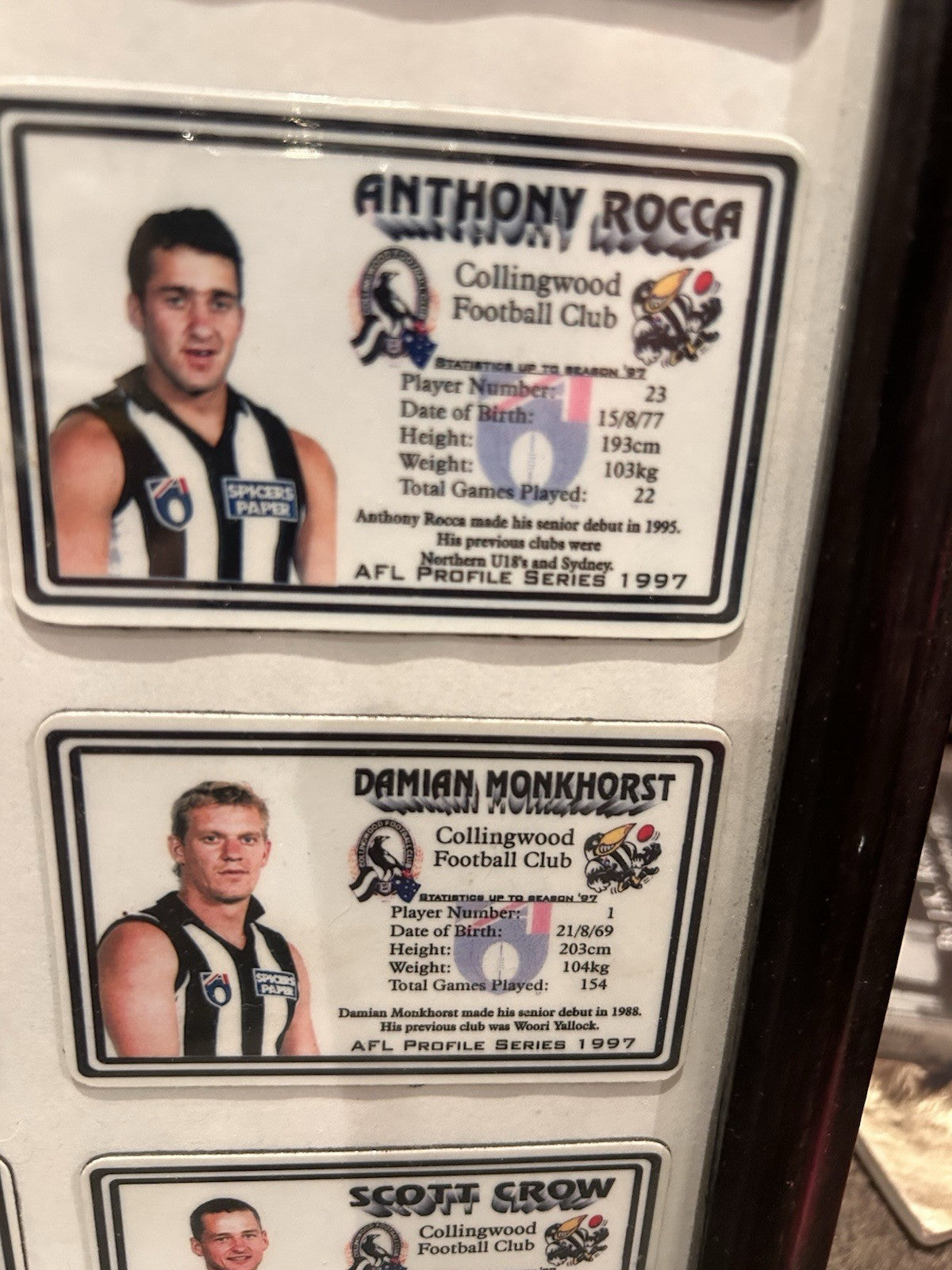Collingwood AFL Profile Magnets 1997 Framed Set Buckley Rocca Monkhorst