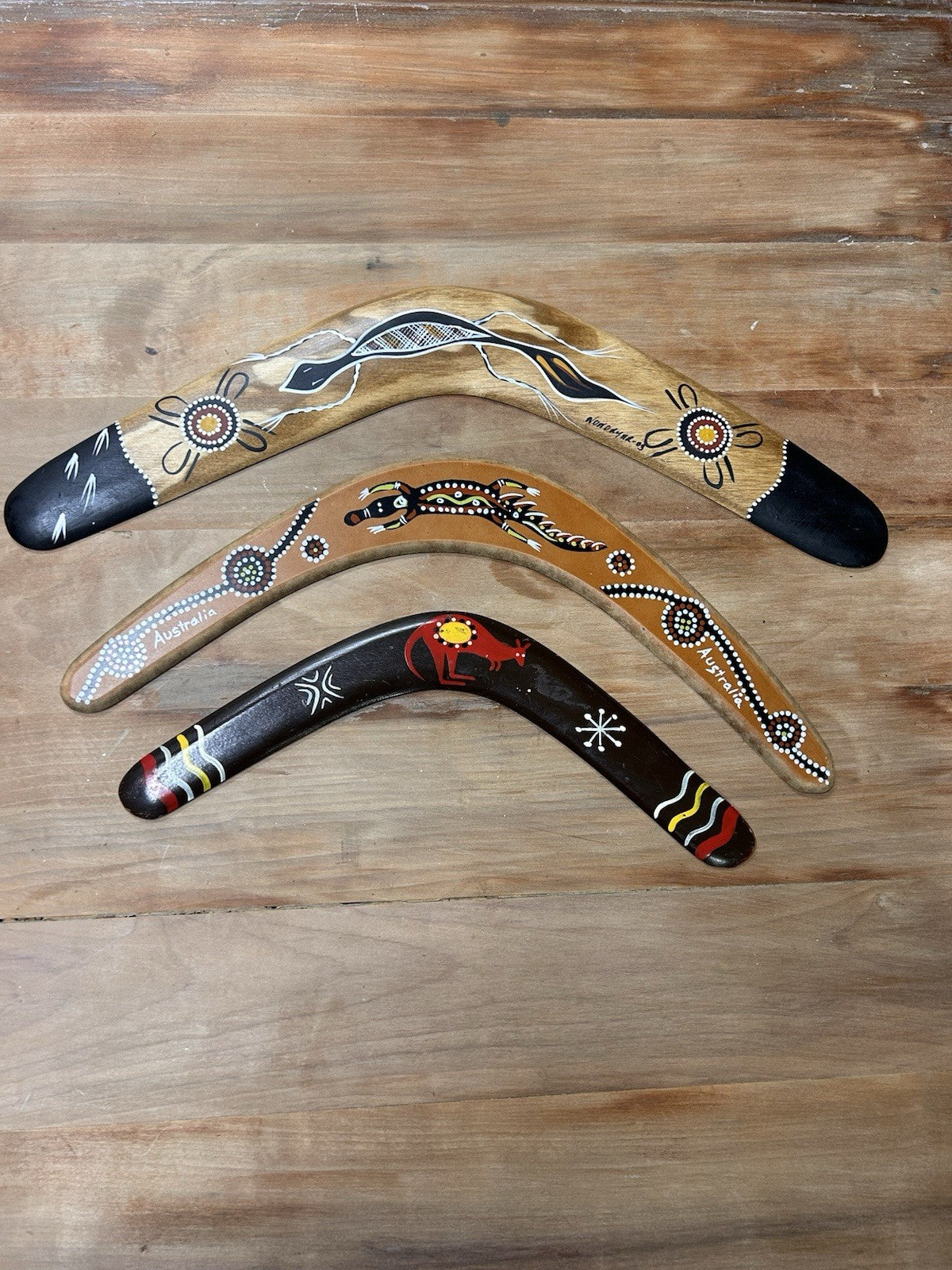 Set of 3 Hand Painted Wooden Boomerangs – Aboriginal Art Style Souvenirs