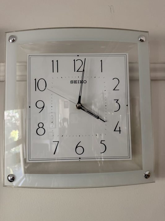 Seiko Modernist Glass Wall Clock Square Art Deco Style Quartz Contemporary