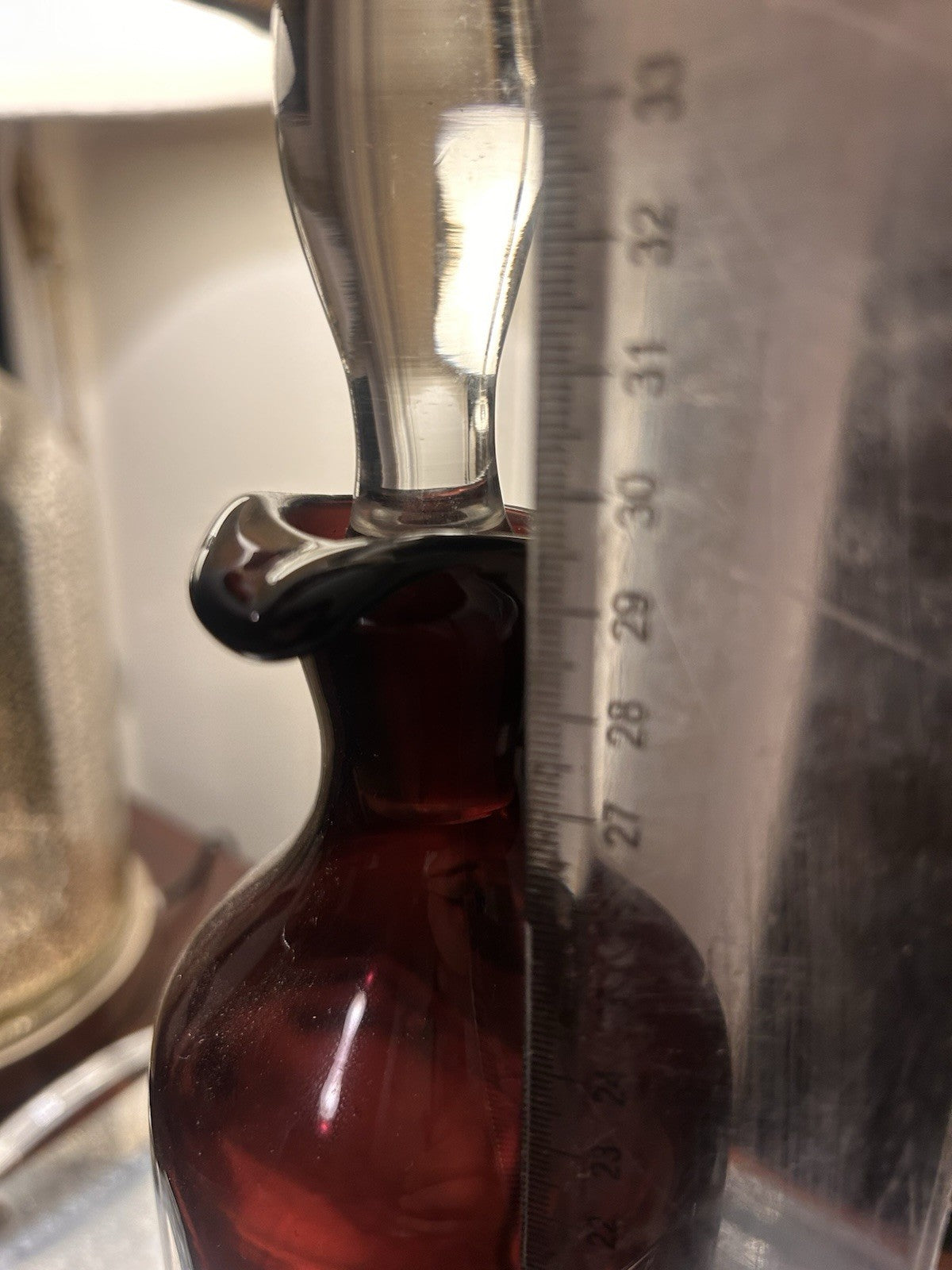 Vintage Ruby Red Art Glass Decanter Bottle w Stopper & Handle Murano Style 36cm 