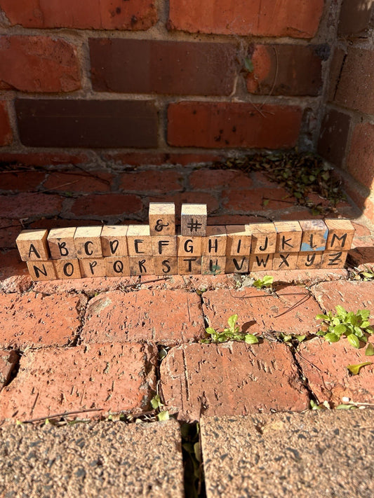 Vintage Wooden Rubber Stamp Alphabet Blocks – Complete A–Z + Symbols 
