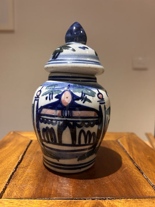 Vintage Hand Painted Blue White Lidded Jar Urn Moroccan Style 14cm