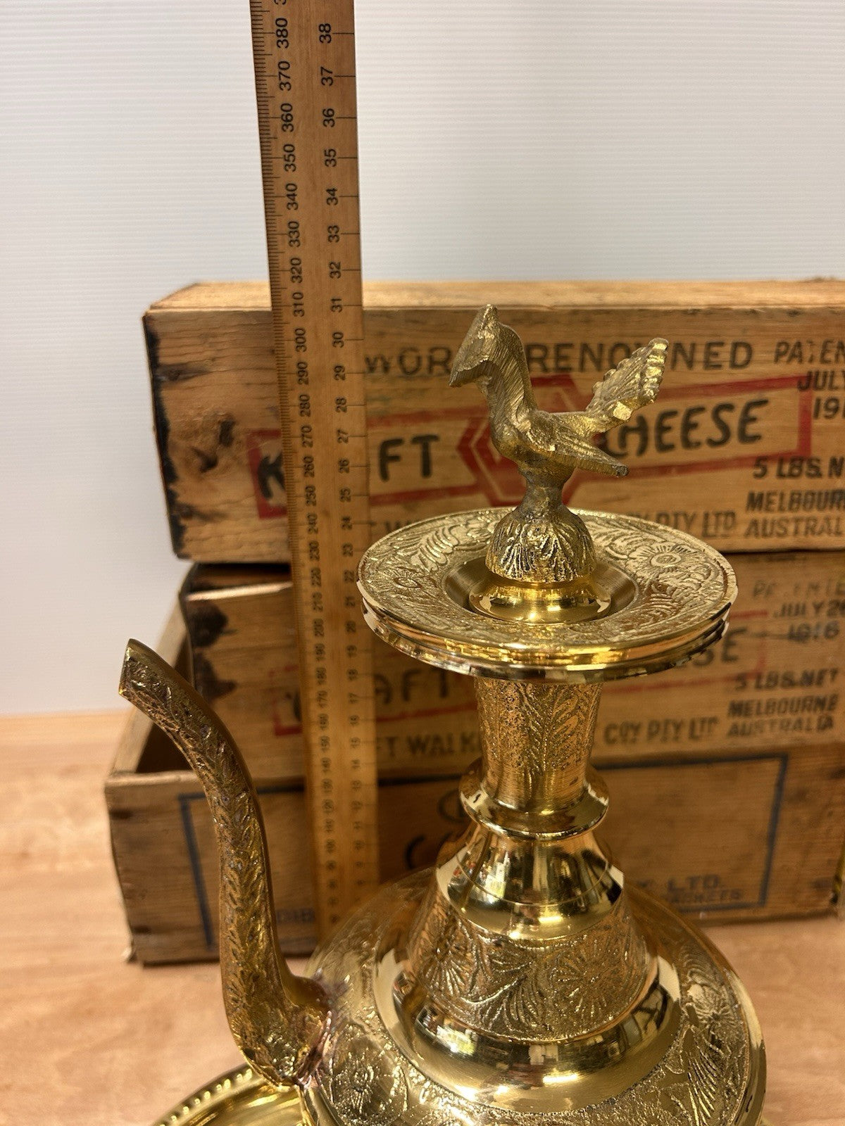 Vintage Indian Brass Coffee Set Arabian Dallah Style 36cm with 6 Cups & Tray