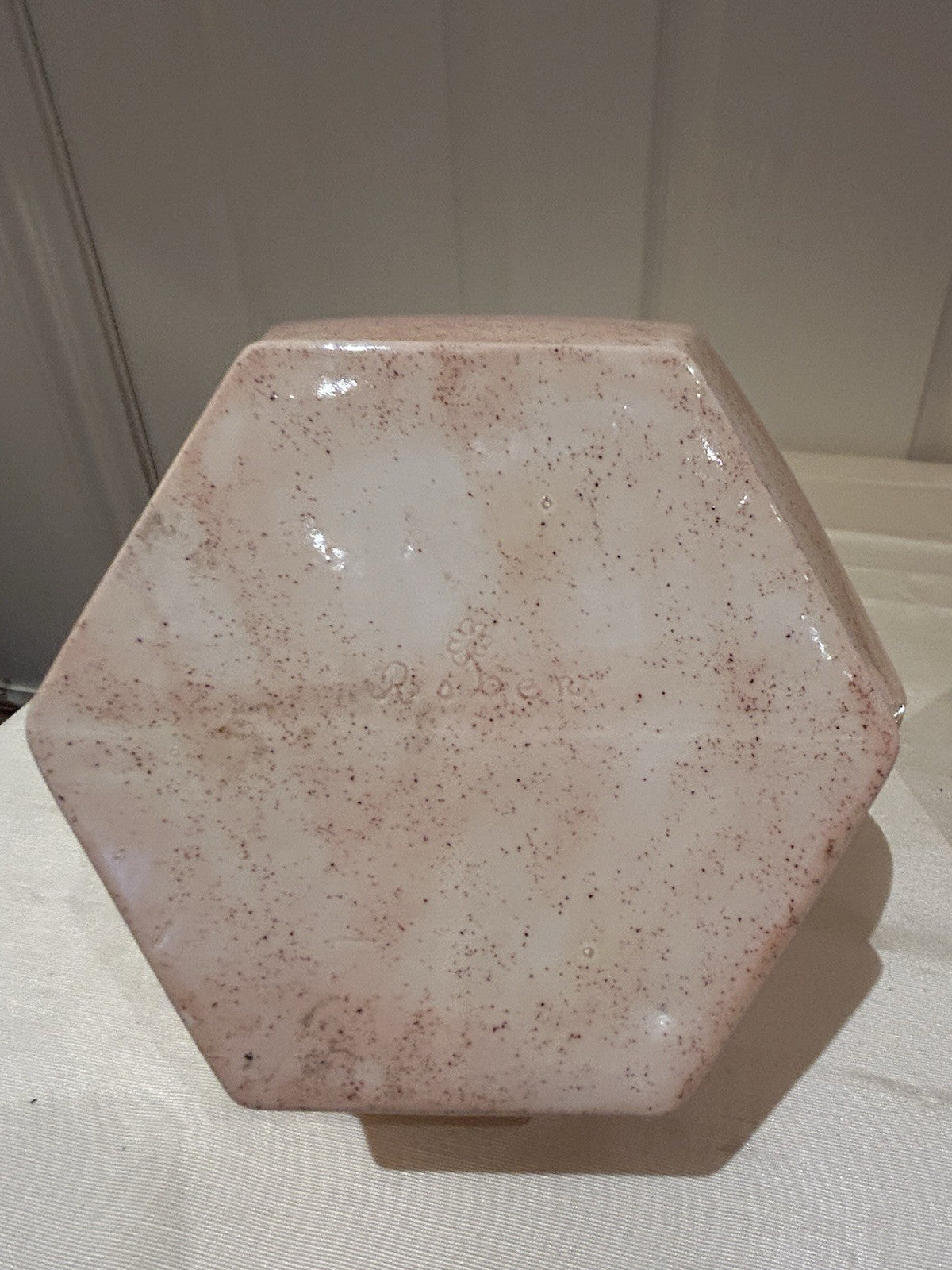 Signed Studio Pottery Lidded Jar Speckled Glaze Hexagonal Form Vintage