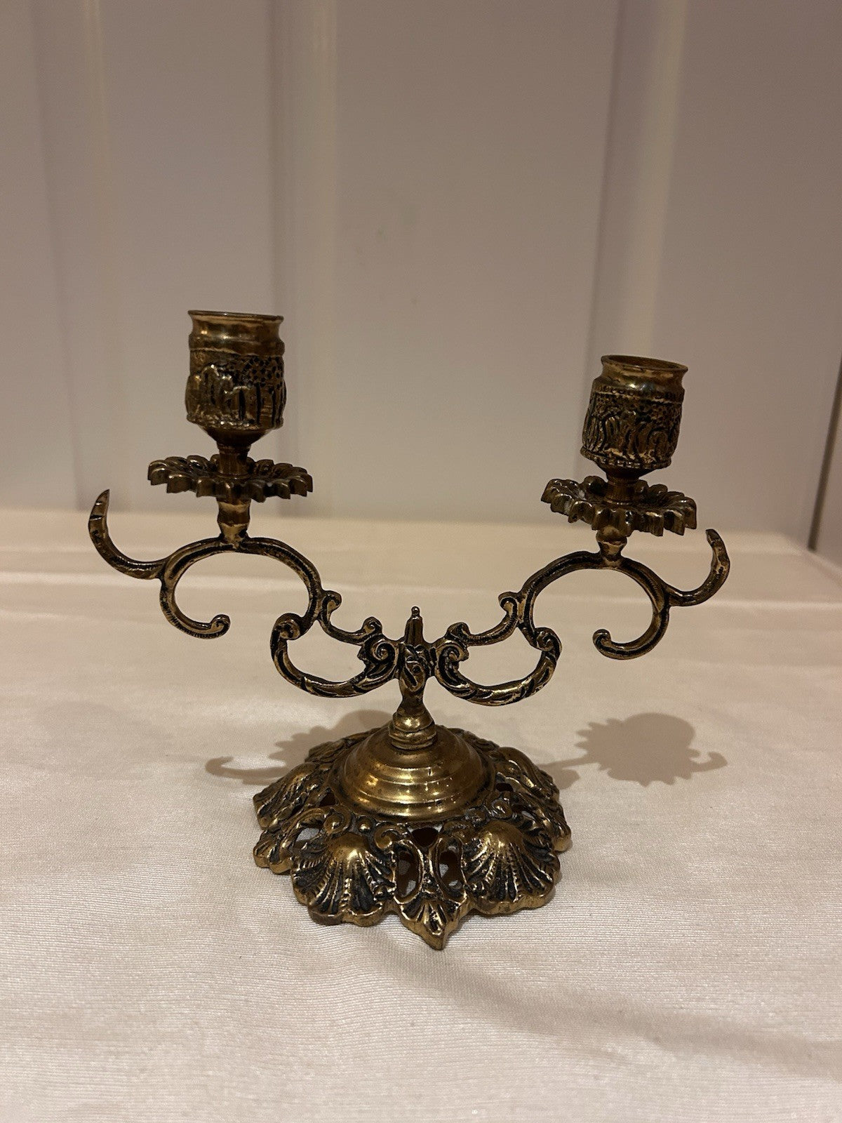 Vintage Brass Two-Arm Candelabra Ornate Rococo Style Table Candle Holder