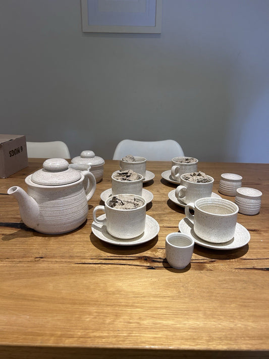 Vintage 1970s Churchill Homespun Stonecast Tea Set 9 Cups Teapot Creamer Sugar