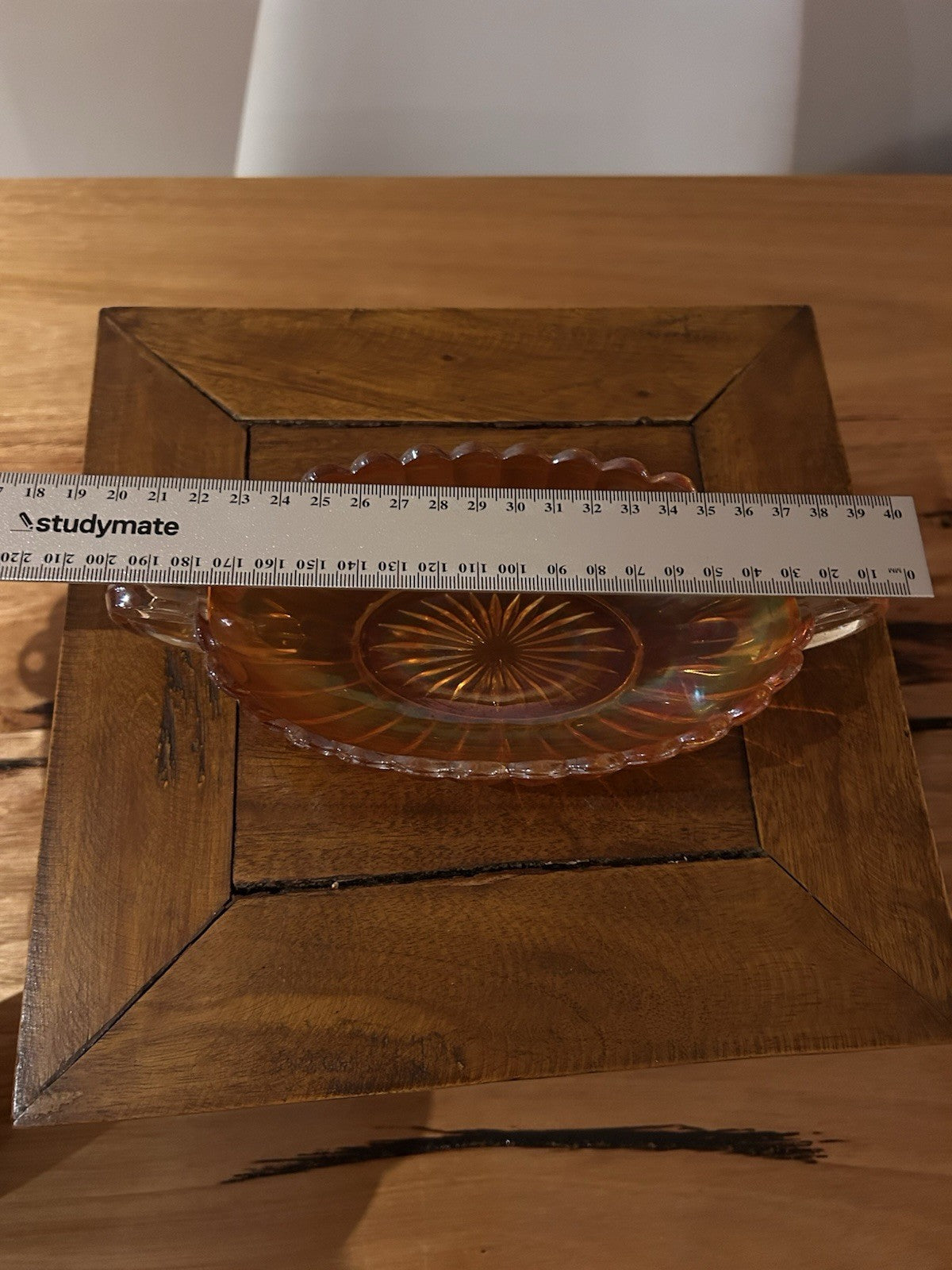 Vintage Amber Carnival Glass Serving Dish Handles Scalloped Bowl 30cm