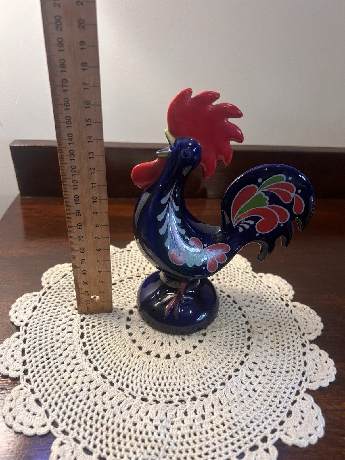 Goebel West Germany Rooster Figurine Blue Hand Painted Folk Art Style 17cm