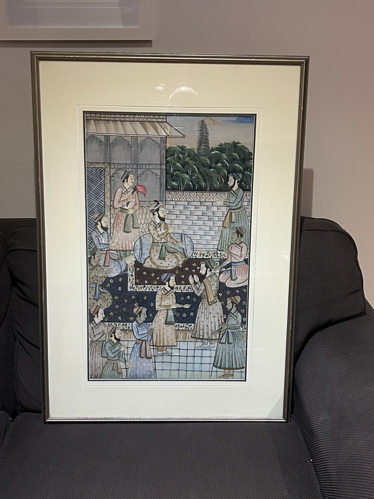 Hand-Painted Mughal Court Scene, Gold & Silver, Framed 91x64cm c.1970s