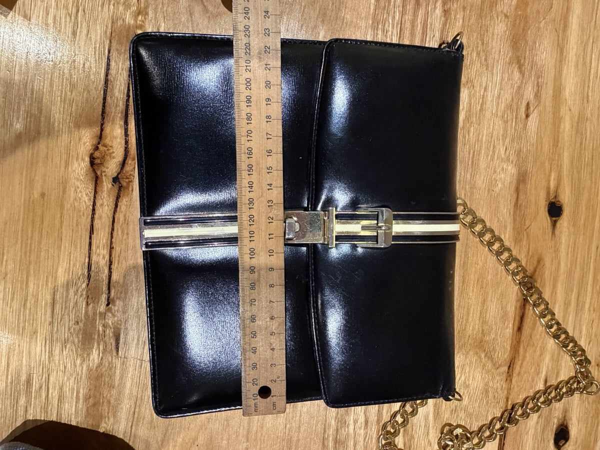 Vintage 1960s Cartner London Melbourne Handmade Black Hide Handbag Gold Chain