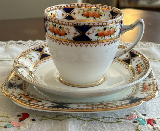 Shore & Coggins, English Bell China Trio | Blue Gold Floral Art Deco | c1920s